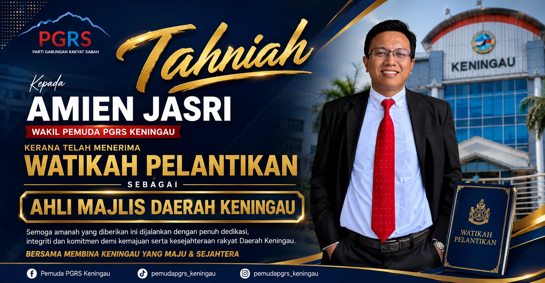 Amien Jasri menerima watikah pelantikan Ahli Majlis Daerah Keningau daripada pihak pentadbiran.