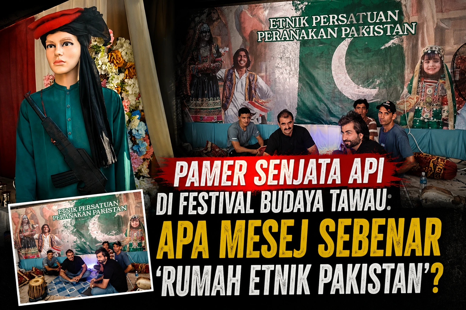 Patung manekin memakai busana tradisional sambil menyandang senjata api